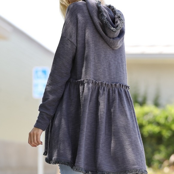 Blue Raw Hem Oversized Tunic Hooded Sweatshirt - Picture 7 of 8